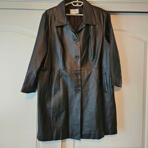 Worthington Genuine Leather Trench Coat Womens 2X Black Minimalist CBK